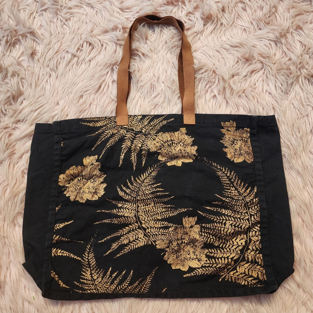 Kahulale'a canvas tote black gold fern ohia lehua metallic print